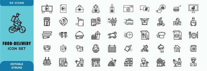 Set of 50 outline icons related to food delivery. Linear icon collection. Editable stroke. Vector illustration