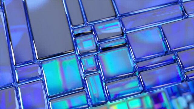 Blue glass tiles with smooth, rounded edges creating an abstract geometric pattern, rotating and reflecting iridescent light in mesmerizing luminescent motion
