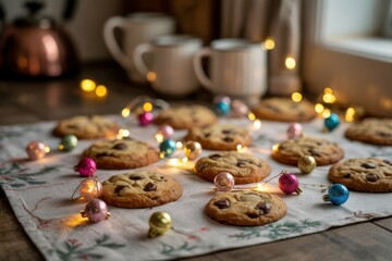A photograph of a rustic wooden table scattered with freshly baked chocolate chip cookies adorned with colorful, shimmering baubles