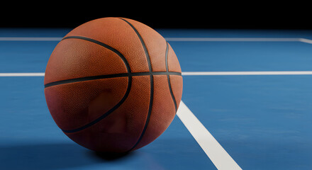Basketball on the Court with Blue Surface and White Lines