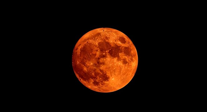 Full Moon in Orange Color Isolated on Black Sky at Night