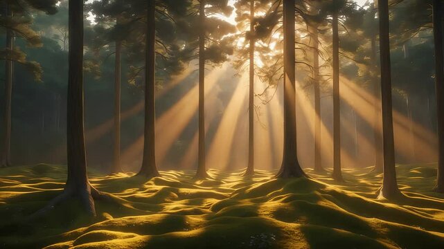 Golden morning sunlight streaming through tall pine trees in tranquil forest with soft mossy ground and long dramatic shadows

