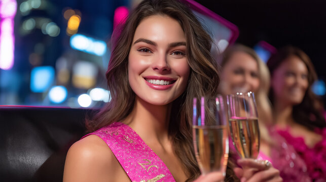Bride-to-be laughs joyfully while toasting champagne with friends in luxurious limousine. Vibrant neon city lights provide a festive atmosphere - Powered by Adobe