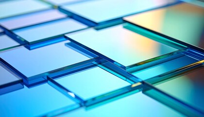 Glimmering surface of layered glass plates, each etched with a fine shimmer gradient in oceanic and sky-toned iridescence