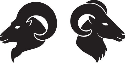 Ram Head Logo Set, Strong Horned Ram Silhouette Icons, Vector Animal Design.