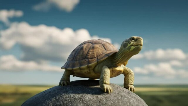 Journey of Endurance: A resilient tortoise stands atop a rock, framed by a serene backdrop of a blue sky and rolling green hills, symbolizing steadfastness and patience in the journey of life.