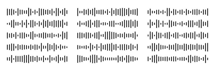 Collection of black voice message equalizer vector icons. Audio soundwave ui design element. Modern visualization frequency for music player interface.