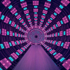 Futuristic Sci-Fi Tunnel with Concentric LED Panels and Vibrant Neon Lighting