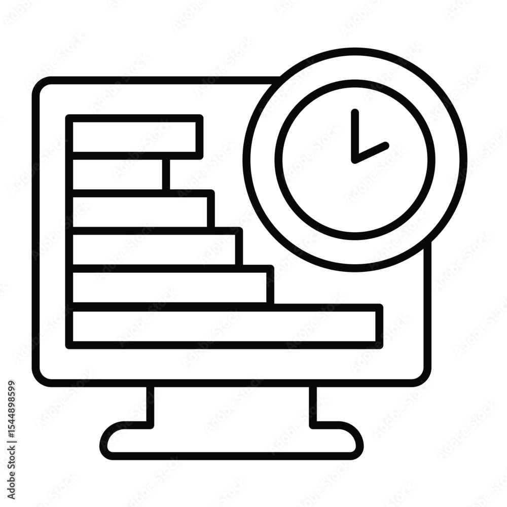 Fototapete Monitor screen with chart and clock thin line icon, remote work concept. Vector graphics. Market job, task schedule display sign on white background, style mobile or design.