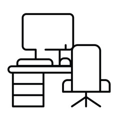 Desk with chair and desktop thin line icon, remote work concept. Vector graphics. Personal workplace with computer sign on white background, style mobile or design.