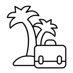 Island with palm trees and briefcase thin line icon, remote work concept. Vector graphics. Freelancer portfolio bag sign on white background, style mobile or design.