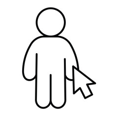 Human and mouse cursor thin line icon, remote work concept. Vector graphics. Man, person with mouse pointer sign on white background, style mobile or design.