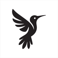 Fototapeta premium A stylized black silhouette of a hummingbird in flight, wings spread, isolated on a white background.