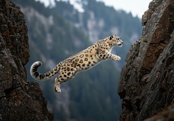 Obraz premium Snow leopard leaps between rocky cliffs in a mountainous landscape, showcasing agility