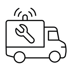 Truck vehicle with siren and wrench thin line icon, repair service concept. Vector graphics. Repair man emergency truck sign on white background, style mobile or design.