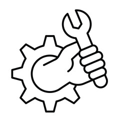 Gear with wrench in hand thin line icon, repair service concept. Vector graphics. Human hand with wrench in cogwheel sign on white background, style mobile or design.
