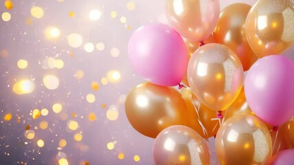 Golden and pink balloons mixed with shiny confetti particles on a rich gradient backdrop with glowing studio light accents - Powered by Adobe