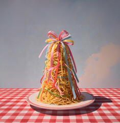 Creative pasta tower decorated with colorful ribbons, whimsical food art concept. Set on a red-and-white checkered tablecloth against a dreamy painted background.
