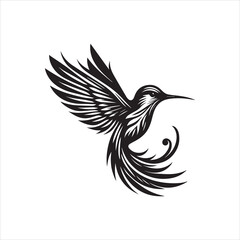 Fototapeta premium A stylized black and white hummingbird in mid-flight, wings outstretched.