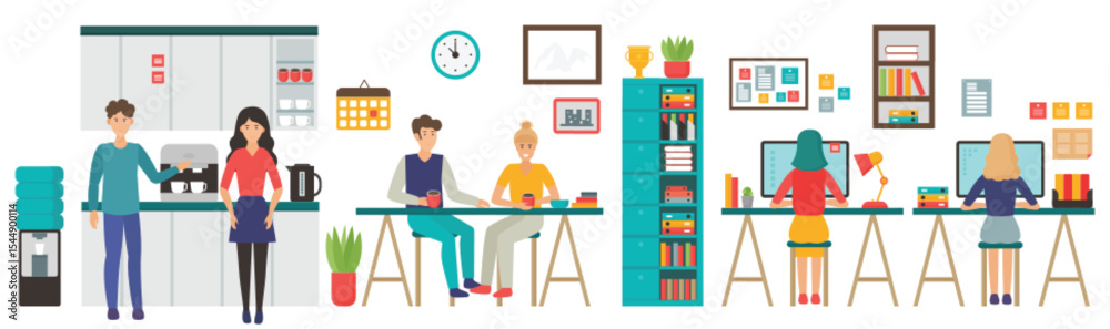 Poster coworking center interior concept. business meeting in shared working environment. people talking an
