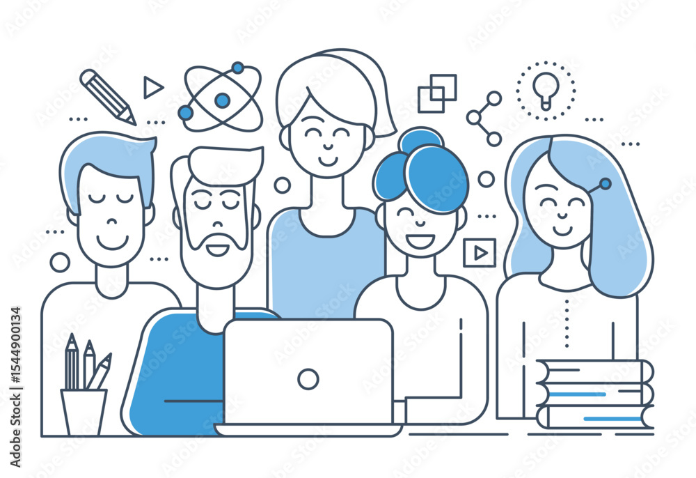Poster flat line design of creative team. teamwork outline color concept