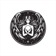 Fototapeta premium A serene angel figure with outstretched wings holding a glowing orb.