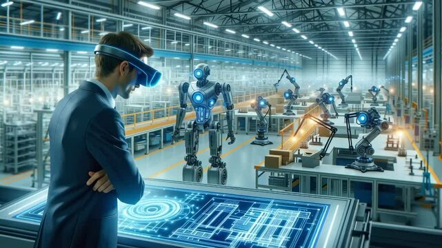 Manager in augmented reality headset controls robotic production line with advanced holographic interface. Multiple humanoid robots perform manufacturing tasks on automated production floor.
