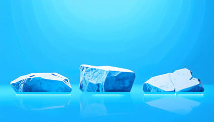 Fototapeta premium Three Blue Ice Rocks on Reflective Surface