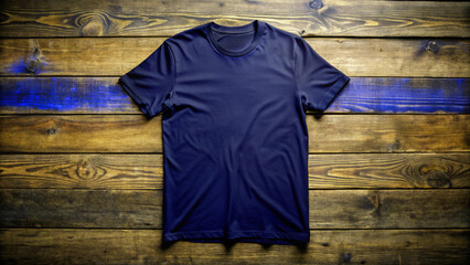 Navy Blue T Shirt Mockup on Rustic Wooden Background with Blue Highlight