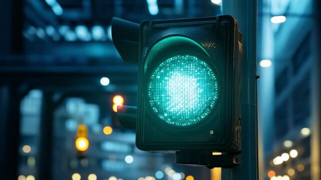 Night City Intersection Green Traffic Light Close-up