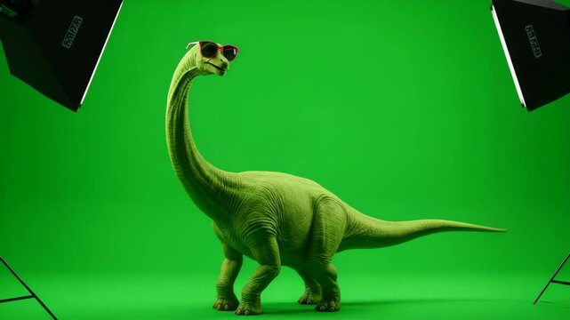 Cool Dinosaur on Green Screen - A green apatosaurus dinosaur wearing sunglasses stands in a studio setting against a bright green screen backdrop, illuminated by professional lighting equipment.