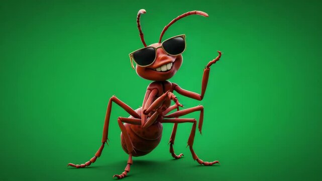 Cool Ant Cartoon Character on Green Screen - A 3D-video cartoon ant wearing sunglasses stands against a bright green background.