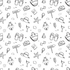 Summer vacation icon seamless handdrawn pattern. Summer beach elements. 