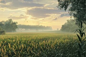 Detailed Image of a Summer Morning in the Cornfield