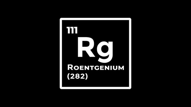 Roentgenium, chemical element of the periodic table graphic animation. Alpha channel. Transparent background motion design. 4K resolution