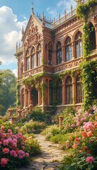 Fairytale castle in the Empire style in a blooming garden on a sunny summer day