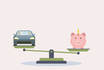 Financial decision showing a scale weighing a pink piggy bank with savings against a new car
