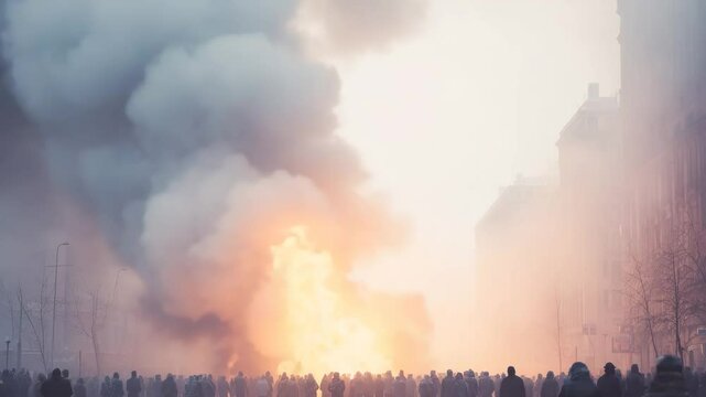 chaotic scene of furious crowd setting fire to headquarters of logistics company