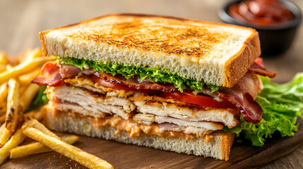 Delicious chicken club sandwich with crispy bacon tomato lettuce and french fries food photography