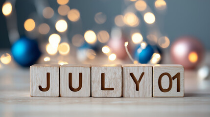 July 1st Wooden Blocks with Festive Lights and Holiday Ornaments