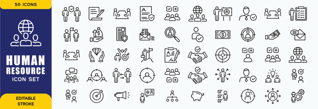Set of 50 outline icons related to HR, Human Resources, Recruitment, Employment, business, office, company, management. Linear icon collection. Editable stroke. Vector illustration