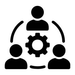 Illustration of three people connected by arcs around a gear, depicting teamwork and process on transparent background