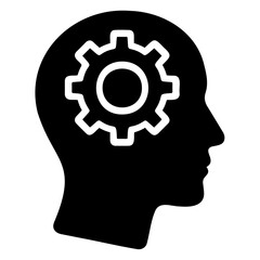 Illustration of a human head silhouette with a gear inside the head, representing thinking process on transparent background