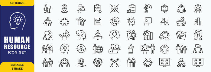 Human Resources line editable icon set. Containing HR, Human Resources, Recruitment, Employment, business, office, company, management. Vector illustration