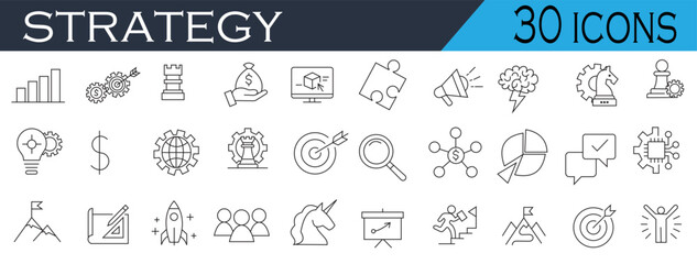 Strategy Icons – Business Plan, Tactics, Goal, Analysis, Planning Symbol Set