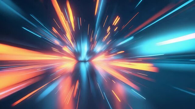 Colorful motion blur with vibrant orange and blue light streaks radiating from center in dynamic abstract speed burst background

