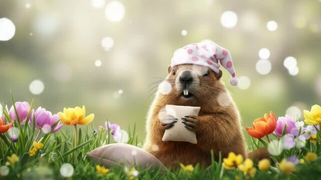 Adorable Groundhog in Sleep Cap Surrounded by Spring Flowers - A cute groundhog wearing a pink polka-dotted sleep cap holds a small pillow while sitting amidst a vibrant field of colorful spring tulip