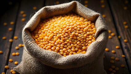 Yellow Lentils in Burlap Sack on Wooden Background