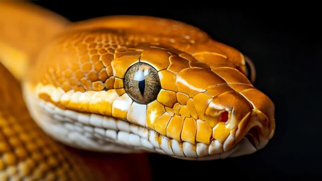 Macro close-up of a boa constrictor face showing smooth scales and eye reflection, dark black background with precise lighting