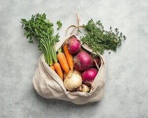 Cloth Produce Bag with Root Vegetables and Herbs on Concrete Background
